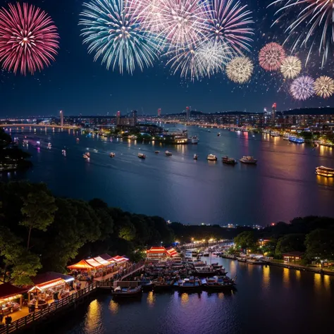 summer night、Food stalls lined up along the river、Colorful fireworks illuminate the night sky、Starry sky、And the fireworks reflected on the river。