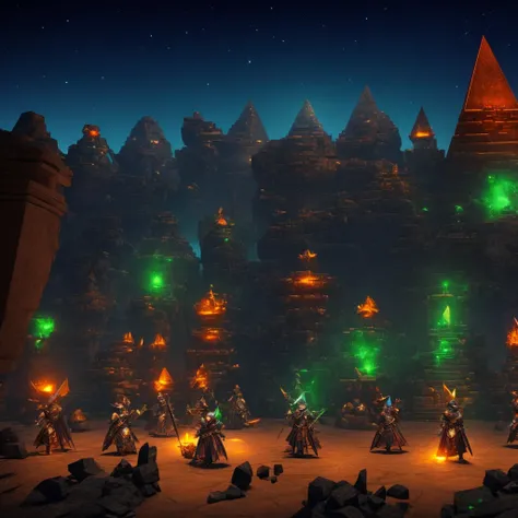 Exsactly 4 people standing next to each other, all of them outfitted in sandstone sleek armor referencing to their class 1 mage, 1 warrior, 1 tank and 1 rouge. They are all standing infront of a single huge pyramid that is clearly a dungeon by its entrance...