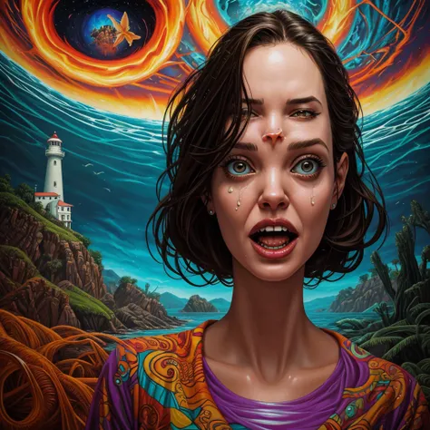 front view oil painting of a woman with face of Winona Ryder morphed with Angelina Jolie laughing with gigantic hairdo, upper body pointing up from water surface like two islands, mouth full of water, puffed out cheeks, tears of joy, whale, lighthouse in t...