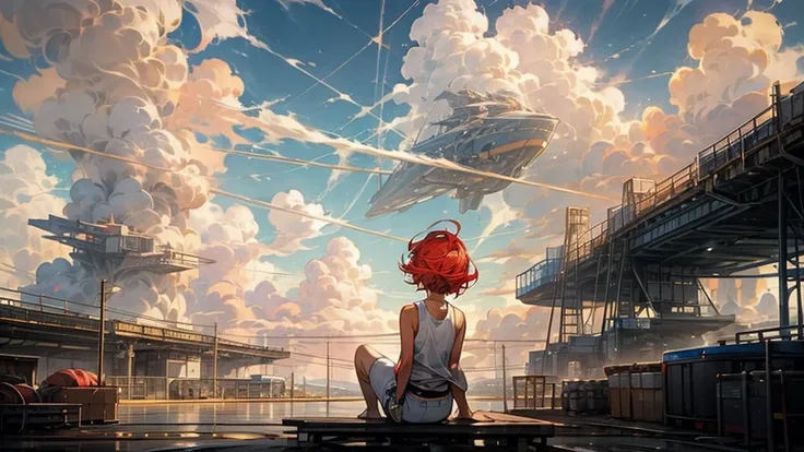 girl１people,futuristic buildings,a golden airship flying in the sky,blue sky,flowing clouds,sit,looking up at the sky in the dis...