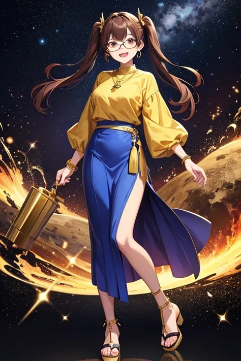 Anime Art、Full body portrait、Space SF Merchant、A woman around 34 years old, about 165cm tall, standing upright with a gold scale in one hand, wearing a blue shirt and a long skirt with a slit reaching down to the ankles、Red eyeshadow、Glasses、Laughing with ...