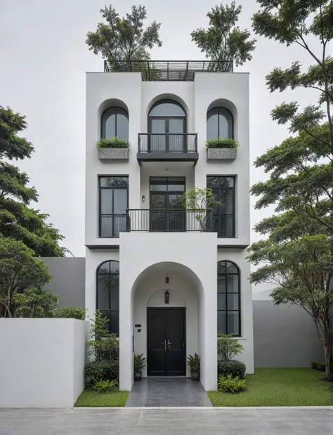 raw photo, a photo of a modern house, (curvilinear chrchitecture:1.4), wabisabi style rounded wall, white wall, steel dark gate,...