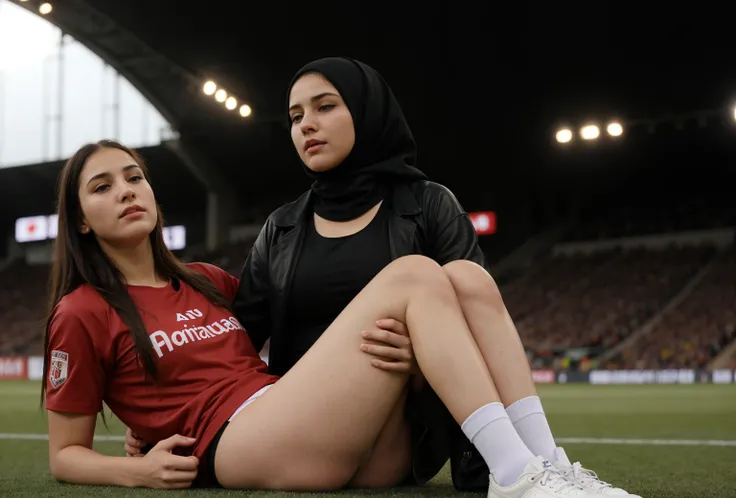 a strict muslim woman carries a man, orthodox muslima carries the wounded mans body in her hands, muslima grabs his legs and his body with her hands, the man in muslimas arms is visibly in pain, stadium atmosphere, the bearded man is lying consciousless in...