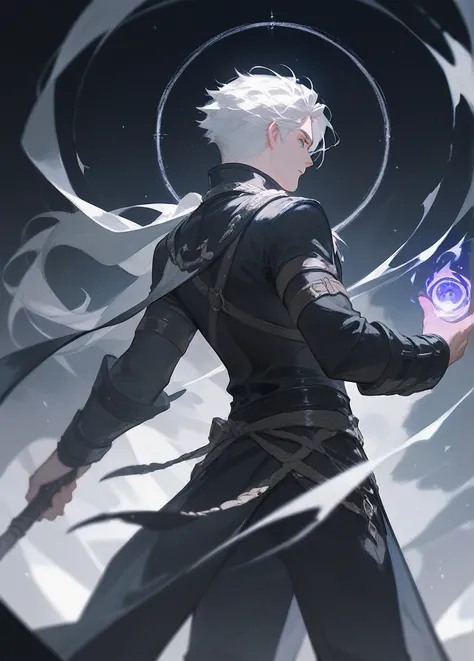 In the world of magic, there was a white-haired man dressed in black standing with his back turned.
