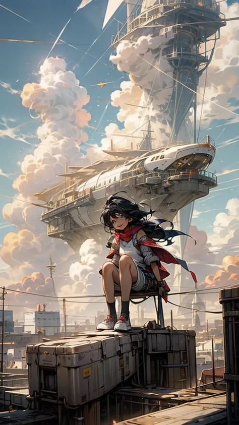 girl１people,futuristic buildings,a golden airship flying in the sky,blue sky,flowing clouds,sit,looking up at the sky in the dis...