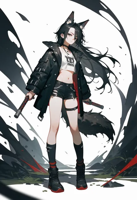 1 Girl, Black Hair,Long hair,Wolf ears wolf tail, black eyes, Tooling，Black coat，Black shorts，Leg ring，Punk style，Long socks，Full body portrait，White background