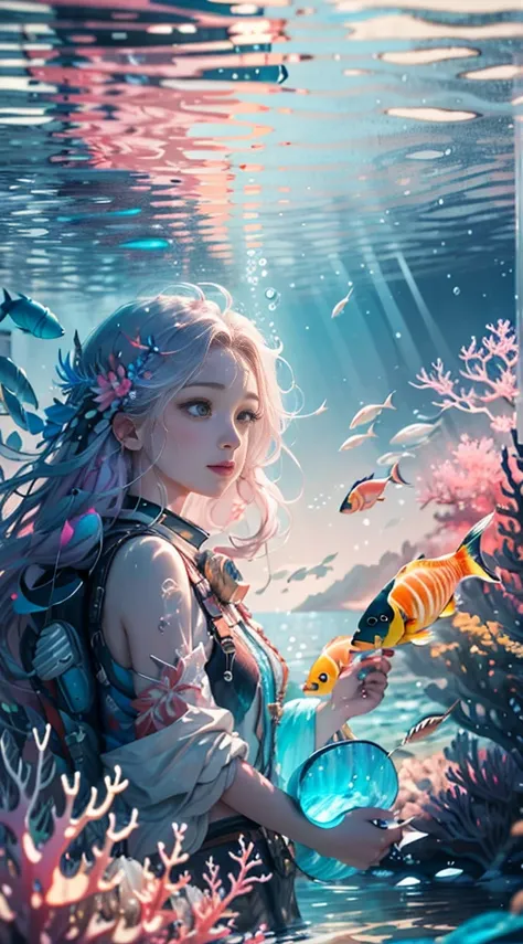 Conceptual Art of Marine Life, Underwater scenery, Life at sea，Beautiful coral reefs come in many shapes, 。.3d，, fish, Female anime fantasy illustration. Long hair scattered in the sea, drift, Very harmonious. The painting as a whole adopts a messy and ima...