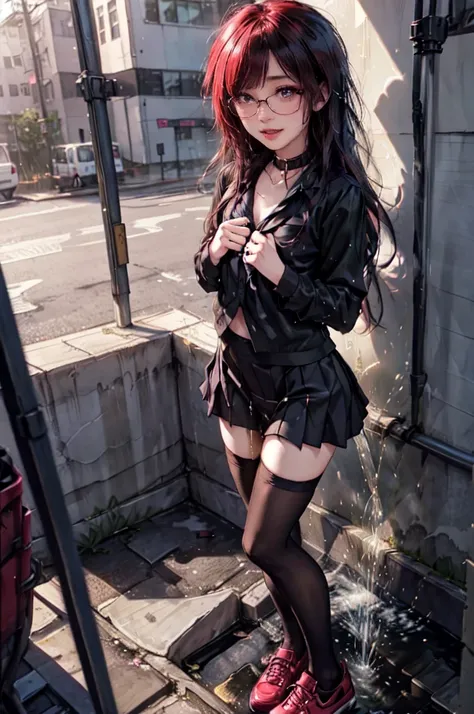 girl, 8 years old, 1 girl, woman, emo_hairstyle, Red lipstick, collar, Eyeliner, eyeshadow, smoky eyes, realistic lighting, school, shirt , tie, skirt, black stockings, long hair, flat chest, Shiny skin, grin, bukkake, peeing self, pissing stream between l...