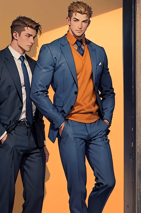 Drawing of a Young Chad, Dark blue suit, Hands in pockets,Brown short hair， Looking at the camera, male，Solid color background