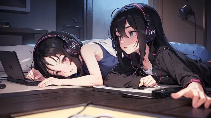 Girl listening to music in a cozy room at night, Use headphones, 2D anime style, Truly, Dark environment、Emo,