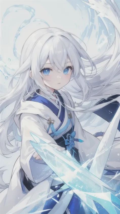 snow white hair，blue eyes，White Hanfu，ice silver armor，frozen dragon wings