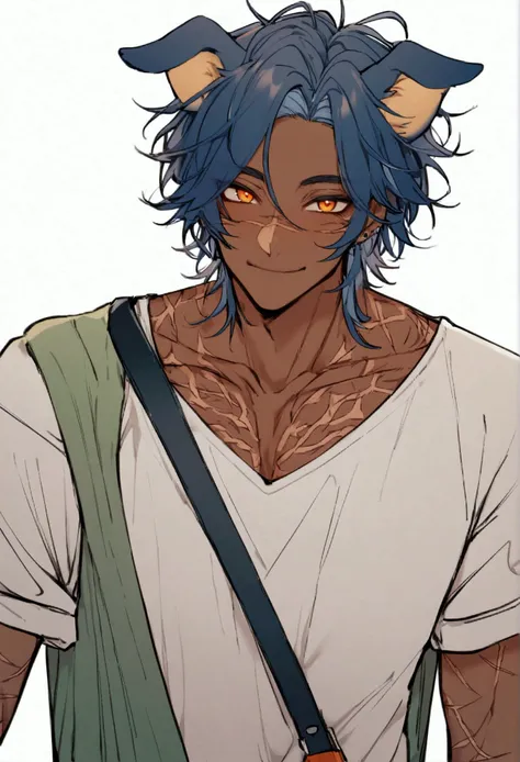 male, boy, brown skin, navy blue hair, messy hair, orange eyes, scars all over his body and face, Yagimimi, has dog ears, casual clothes, smiling