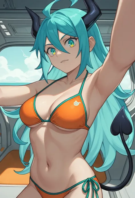 score_9, score_8_up, score_7_up,1 daemon woman, black  horns,1 black demon tail, (aquamarine hair),aquamarine green color hair,ahoge, long hair, (long hair),bangs, light orange bikini, bikini is orange, bikini orange, orange bikini!, (aquamarine eyes), bac...