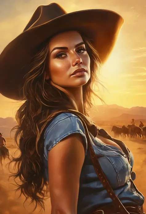 1. cowboy, rodeo, oil painting, cowgirl, cowboy hat, lasso, horse, ranch, sunset, desert, action pose, detailed face, (highest q...