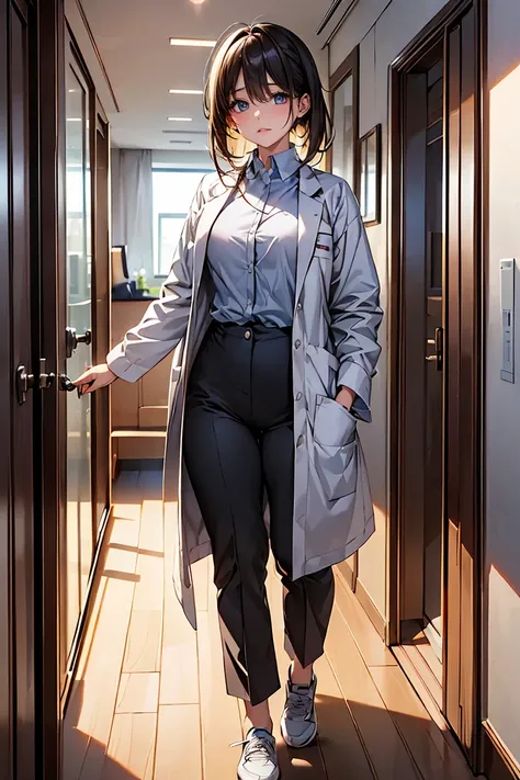 ((masterpiece), ((Highest quality)), (masterpiece,Highest quality,Official Art,Highly detailed CG Unity 8k wallpaper)、((Hourglass body type:1.3、Medium breast))、(Examination room:1.8), "A female doctor from the near future wears a highly functional uniform。...