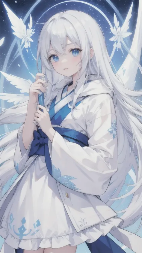 snow white hair，blue eyes，White Hanfu，ice silver armor，frozen dragon wings