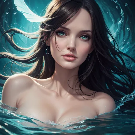 front view oil painting of a woman with face of Winona Ryder morphed with Angelina Jolie laughing with gigantic hairdo, laying back ona a water surface, upper body pointing up from water surface like two islands, tears of joy, stunning digital illustration...