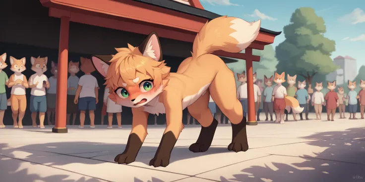 Dynamic Angle , Two shaggy white fox cubs ,Furry， low length , ｛1 young shota　Small dick｝，｛1 young loli　Pussy line｝,Animal Pose，Realistic fur , Round face, Round eyes , Do not draw hair，  At Inari Shrine ,｛ Naked,Naked，Completely naked} View your viewers, ...