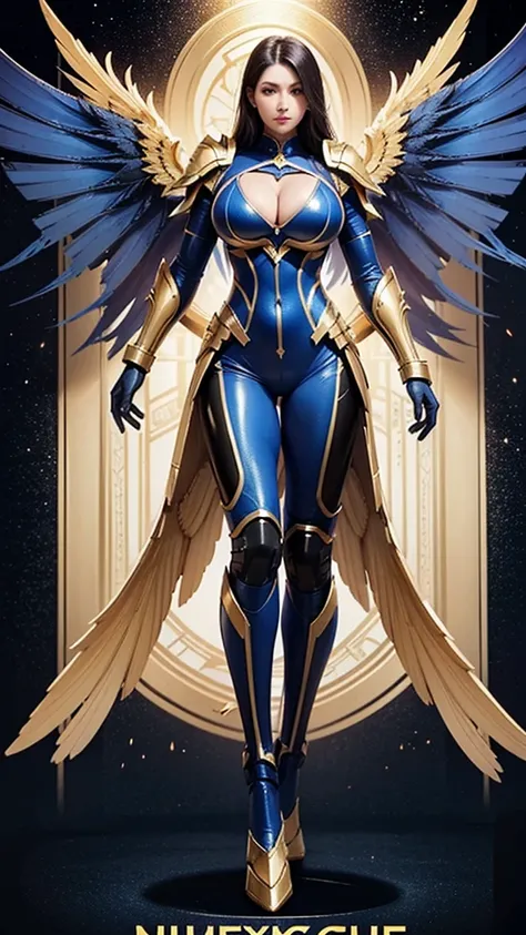 A WOMAN, BEAUTIFULL FACE, HUGE , BLUE, GOLD, BLACK, PHOENIX ARMOR FULL GEAR, (SUIT), (CLEAVAGE), (A PAIR LARGEST WINGS), (FULL BODY:1), TRANSPARANT, (SEXY TALL LEGS:1), STANDING, (SEXY BODY:1), (MUSCLE ABS:1).