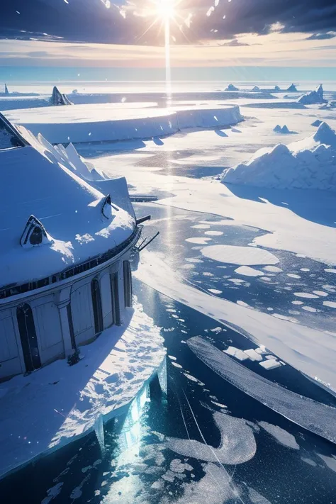 no humans,　birds-eye view,
Ice Palace,Snow is piled up,Snow falls on the wind,Floating ice crystals,Mysterious sight,Dazzling Shine,fine particles of light,Medieval European style,lens flare,
