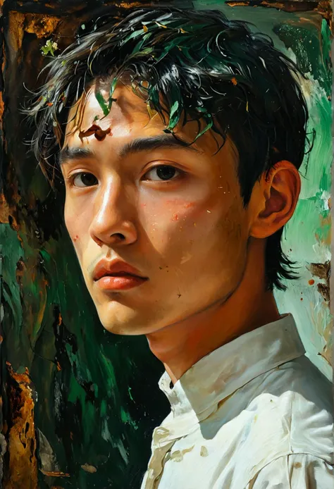 Contemporary painting、Semi-figurative and semi-abstract paintings、Upper body portrait of a young man of half Asian and half Caucasian descent（Realistic: anime=4:6)、Her body is tilted slightly to the right, like the Mona Lisa.、Hair is green、Wearing a white ...