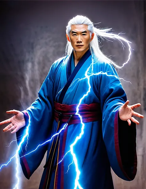 White-haired middle-aged man with lightning bolts in his hands, blue Daoist robes, strong