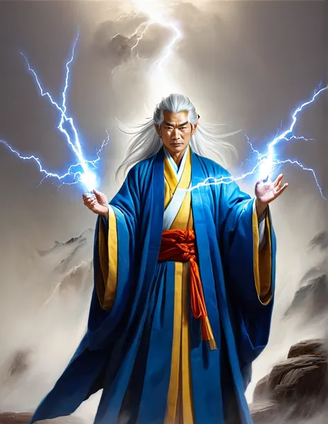 White-haired middle-aged man with lightning bolts in his hands, blue Daoist robes, strong