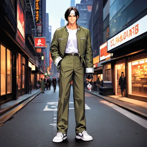 Orochikyo, 1 person, alone, Light green jacket, Fingerless gloves, White T-shirt, White headband, Light green trousers, White shoes, whole body, good looking, charm, masterpiece, High resolution, Detailed face,fine grain, A confident smile,In New York City