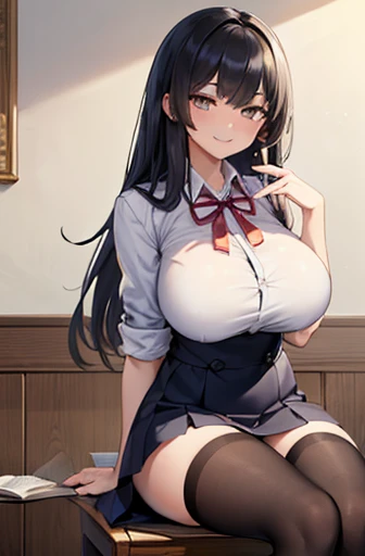 ((masterpiece,The tallest shadow, Nice lightning : 1.2)), original character, Mature woman with beautiful face, Big breasts, kind smile, Wear teacher uniform (Best details), Sit down and read a book, Detailed background cute pose, Long black hair