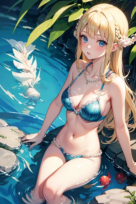 blonde，Blue Eyes，little cherry mouth，Shell bra，Pearl necklace at waist，Mermaid girl with a red fish tail on the lower body，Swim in the deep sea，There is sunlight shining down from above