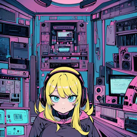 Best quality, (masterpiece:1.2), best detail face,1 girl, big breasts, 18 yo, 8k,absurdres,unity 8k wall paper,(extremely detailed:1.3), highest realistic, (retro headphones:1.1), (soft neon light:1.1), Her room full of music equipment and records, See the...