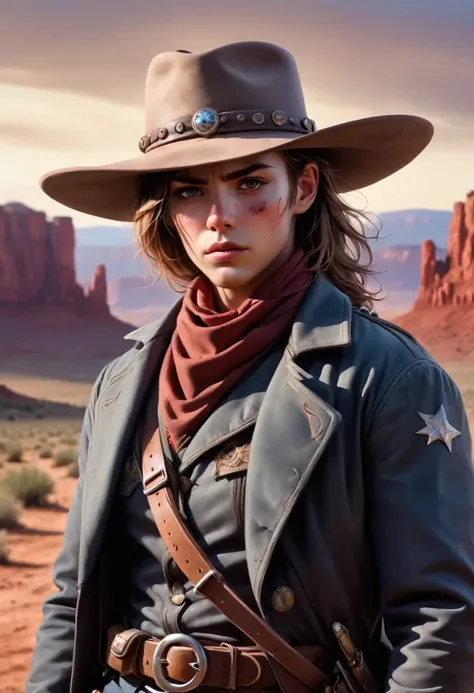 (1 person, Cowboy:1.2),  black eyes, Chestnut hair, Low fade, 
portrait, (Bloody scars:0.7), Look away, Focus on the role, Solitary, Half Shot, Delicate face, (Geometric Steel,  Pioneering technology theme:1.1), Gunner, Wide-brimmed hat,  belt, coat,    18...