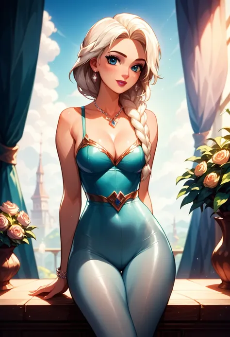 score_9,score_8_up,score_7_up,score_6_up, detailed soft lighting, cinematic film still casual elsa, (tight leggings and cute top...