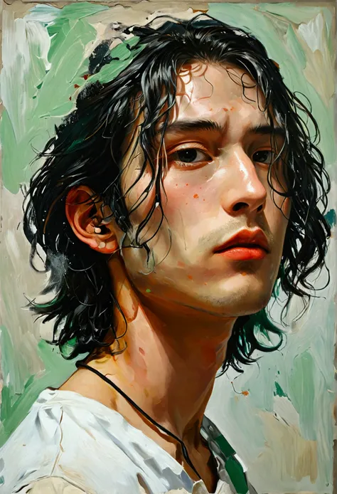 
Contemporary painting、Semi-figurative and semi-abstract paintings、Upper body portrait of a young man with long hair who is half Asian and half Caucasian（Realistic: anime=3:7)、Her body is tilted slightly to the right, like the Mona Lisa.、Hair is green、Wear...