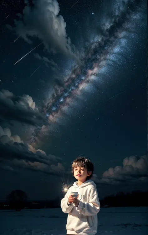 Little boy in white sweatshirt，Holding a light，Shining on his hair，Surrounded by magical clouds，Also illuminated，The majesty of winter snow, sparkling on fluffy clouds，Back，Lantern，Diffuse，There was a shooting star in the sky