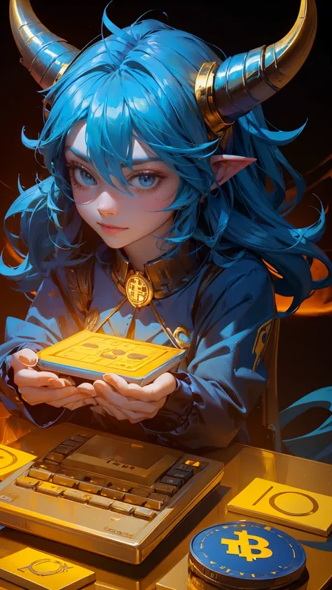 A cute blue monster girl  with horns is sitting at a table in front of him. There is an calculator and gold coins around, with a bitcoin logo floating above his head and red fire behind. Yellow lights are on top, in a 3D cartoon style.