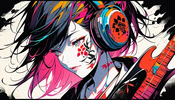 (((Ink Painting))), ((Japanese style headphones)), (((Japanese pattern tattoo on face))), electric bass, Gorgeous hair accessories, Japanese, vividcolor, face close up