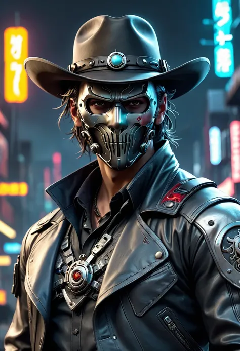 sh4g0d style cyberpunk western cowboy，(mask:1.2),(Strong dynamic stance:1.5)，(struggle:1.3)，(Blood)，Strong，His expression was very firm.， 8K, Extremely detailed, precise, best quality