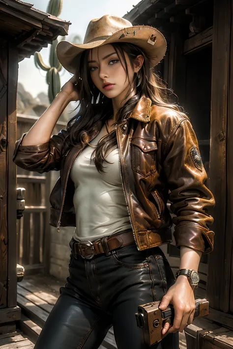 masterpiece, highest quality, Highest image quality, High resolution, photo realistic, Raw photo, dynamic photo ( cowboy, hat, leather jacket, guns on hand, gun shooting posture, bullets, boots, western life, outdoor, cactus, Desert)