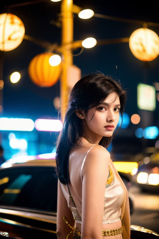 (Cinematic Aesthetic:1.4) Photo of a beautiful  Indian fashion model bokeh city night