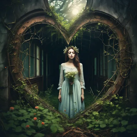 Make a dreamy mysterious horror style image, center of image symbolizing neglection, abandonation, decay, around the center symbolize love, nature and life, symbolic signs