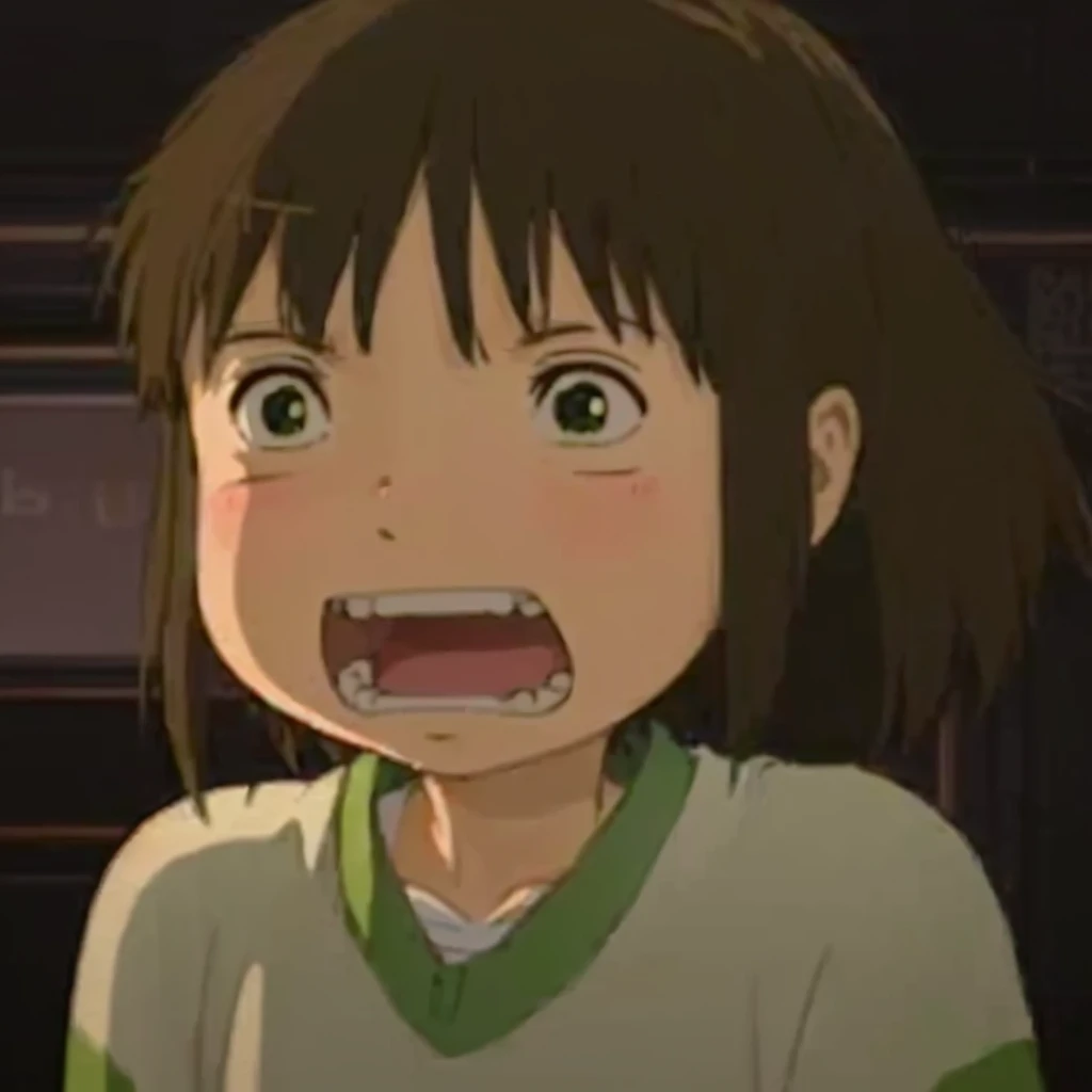 a close up of a person with a surprised look on their face, style in ghibli anime, ghibli spirited away vibe, in the studio ghibli anime film, studio ghibli anime screenshot, chihiro! fujisaki, style in ghibli anime style, spirited away, studio ghibli anim...