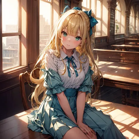 ((masterpiece,Highest quality, High resolution)), One girl, alone, Green Eyes, Long blonde hair tied with a blue ribbon, Blunt bangs, Sitting, Arms folded on the table, Sleep arm in arm, , White Seraphim, Red Sailor Collar, Short sleeve, White pleated skir...