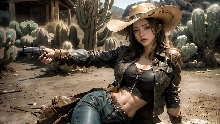 masterpiece, highest quality, Highest image quality, High resolution, photo realistic, Raw photo, dynamic photo ( cowboy, hat, leather jacket, she hold the guns and shooting the aim, spark on guns tip, bullets in the air, boots, western life, outdoor, cact...