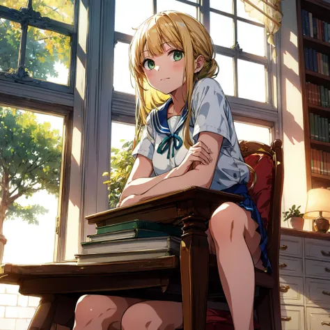 ((masterpiece,Highest quality, High resolution)), One girl, alone, Green Eyes, Long blonde hair tied with a blue ribbon, Blunt bangs, Sitting, Arms folded on the table, Sleep arm in arm, , White Seraphim, Red Sailor Collar, Short sleeve, White pleated skir...