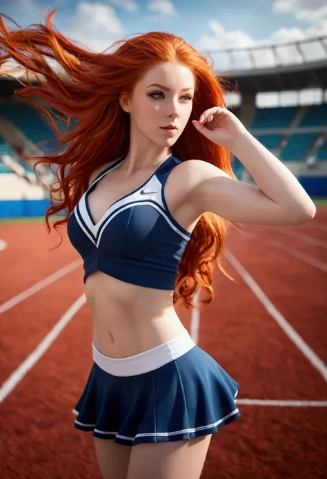 ultra realistic, photography, long red hair, girl, 24 years old, hourglass figure, perfect body, small breasts, Flirty look, extremely detailed artgerm, in the style artgerm, facing the camera, lens 35 mm, blur background, cheerleader outfit, windy day, in...