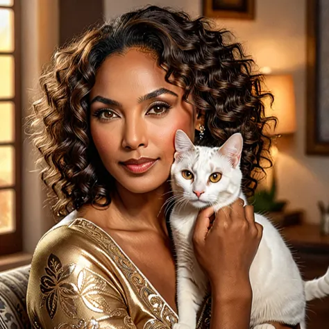 skswoman, a beautiful latina dark skin mature, abundant curly hair, 50 years, few wrinkles, with a cute cat, detailed eyes, detailed lips, long eyelashes, intricate hair, Beautiful detailed portrait, Very detailed, 8k, photorealistic, professional digital ...