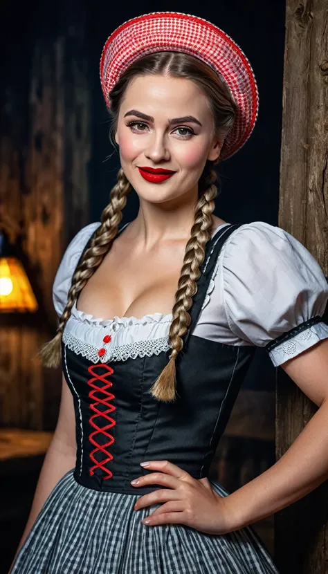 a young woman in a dirndl dress, french braid, bollenhut hat, winking with one eye, red lipstick, dramatic make up, full body shoot, dark background, Black Forest, tourist information poster, detailed face, detailed clothing, intricate details, (best quali...