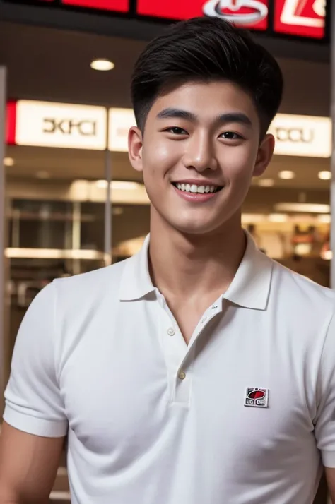 ((realistic daylight)) , Young Korean man in only a polo shirt, no stripes, and jeans., A handsome, muscular young Asian man looks at the camera.  , In the KFC store ,turn sideways, smile