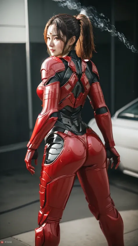 Middle-aged women　Bright red battlesuit　Sexy Eyes　　Full Body Shot　Cute Face　Sweaty　((Eyes can be seen from behind the lens)) Rear View　Steam comes out of the mouth　((Steam comes out of the whole body))